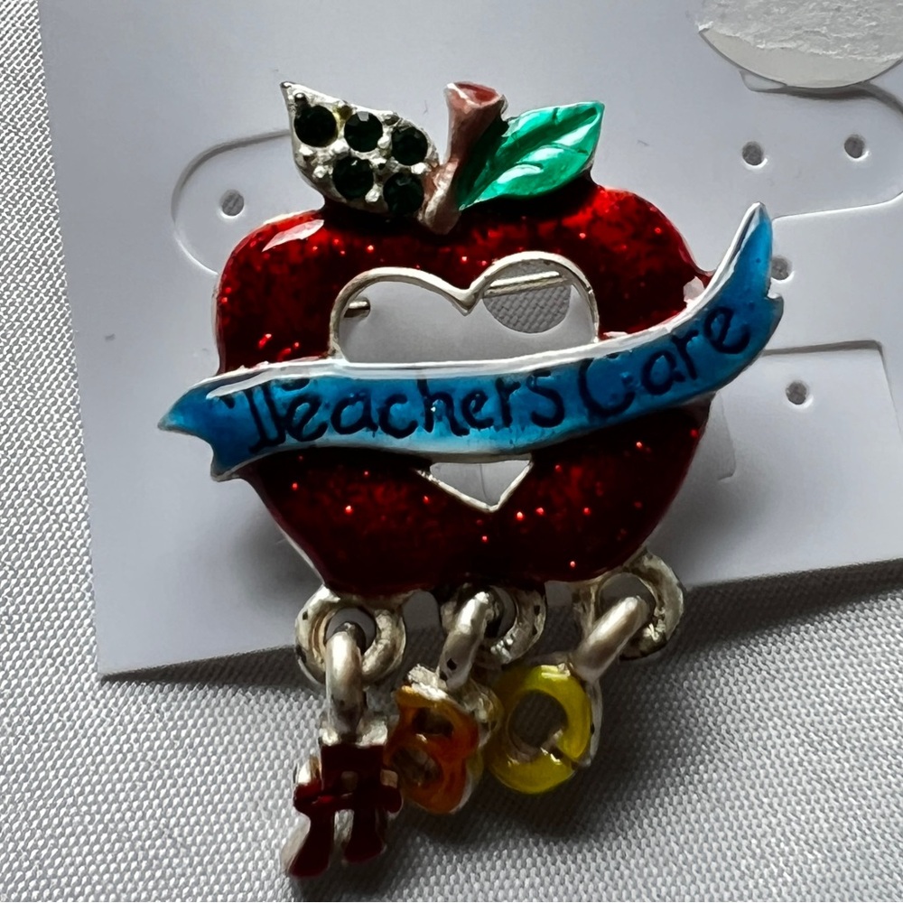 Teachers Care Apple Brooch Pin ABC dangle 1 inch